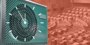 Scottish Parliament interior in the background with heat pump in green looming over and a clock is superimposed over it signifying that time is running out for Scottish Government to do more about climate change