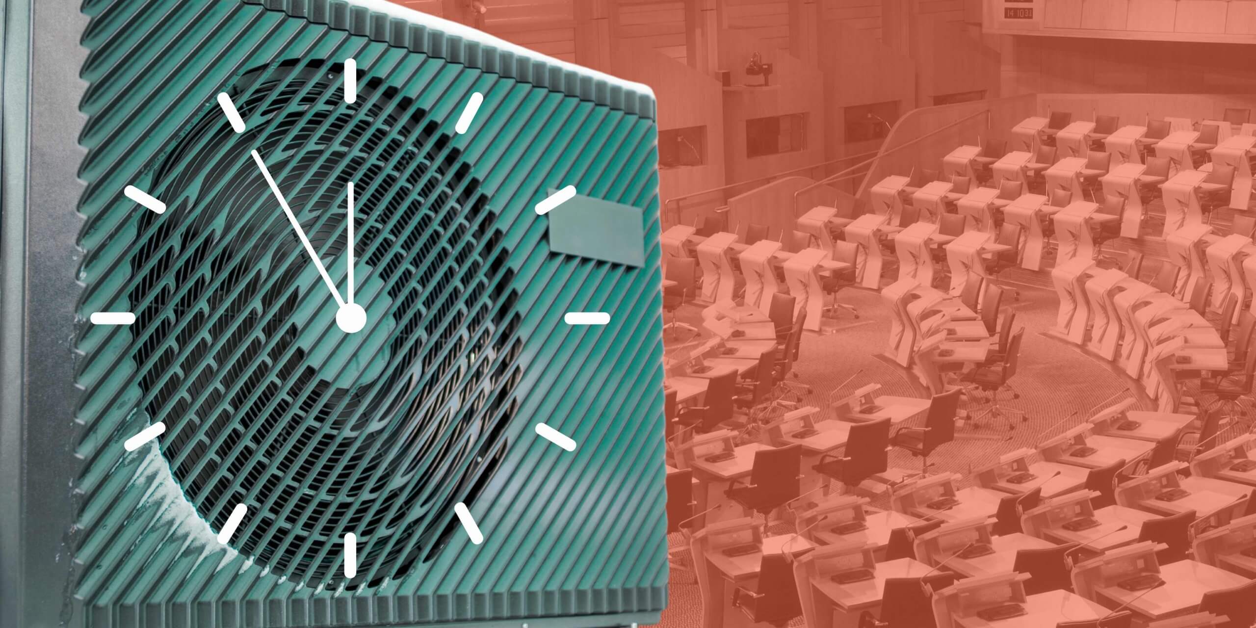 Scottish Parliament interior in the background with heat pump in green looming over and a clock is superimposed over it signifying that time is running out for Scottish Government to do more about climate change
