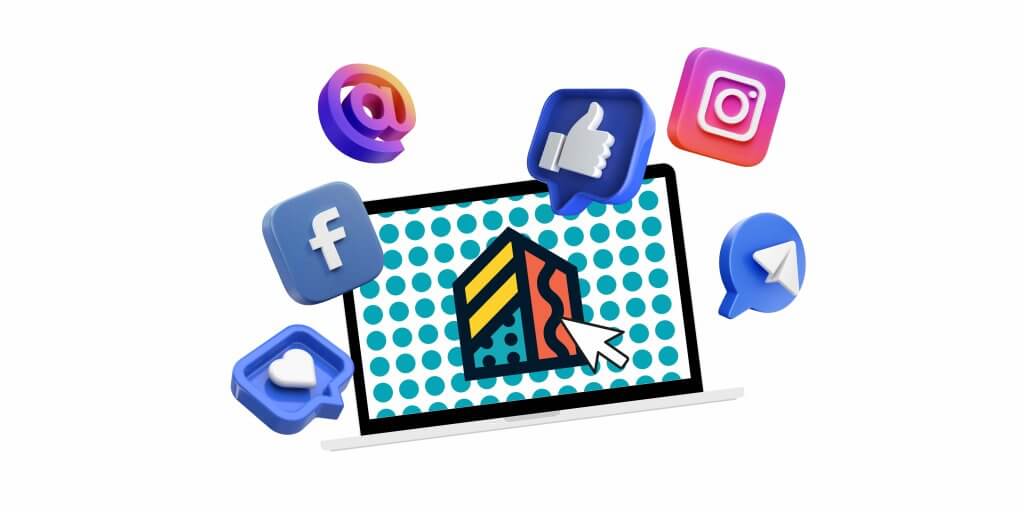 Laptop with Loco Home Logo in centre with 3d social media logos popping out of the screen