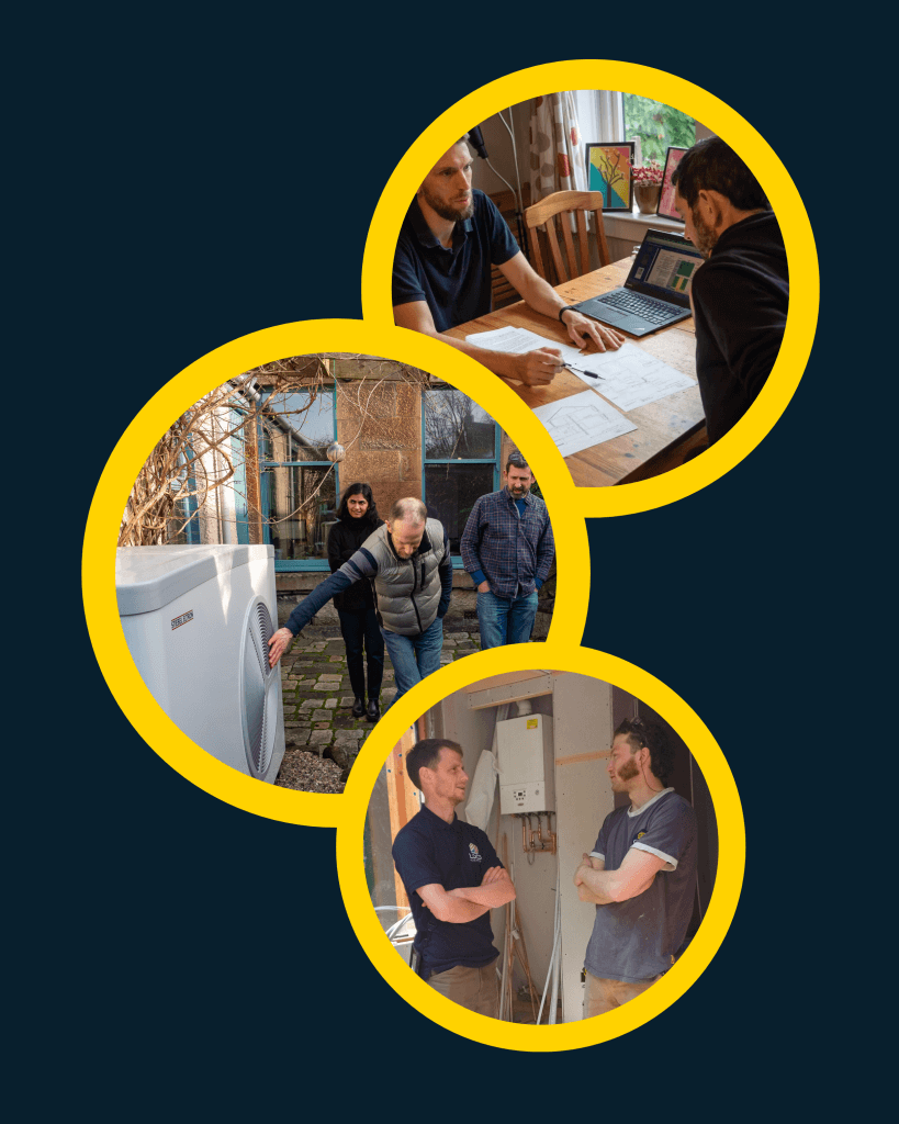red background circles loco home services in glasgow first circle top right, CHRIS sitting down with someone showing them their retrofit plan, next someone reaching out for a heat pump and hearing the sound. Last circle loco home surveyor talking to tradesperson