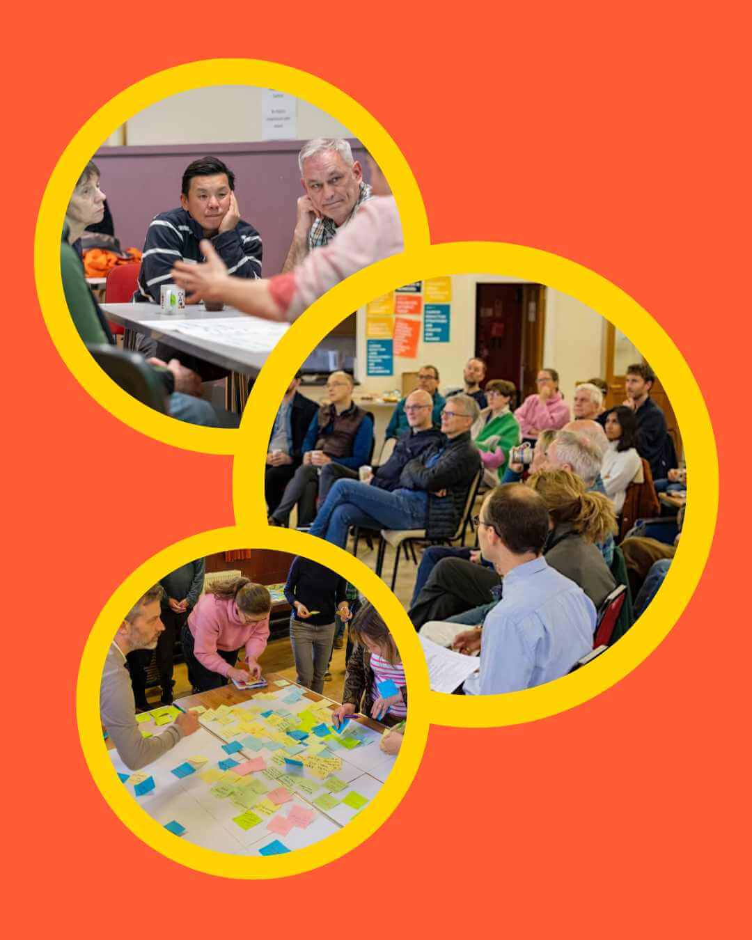 red background circles loco home services in glasgow first circle top right, CHRIS sitting down with someone showing them their retrofit plan, next someone reaching out for a heat pump and hearing the sound. Last circle loco home surveyor talking to tradesperson