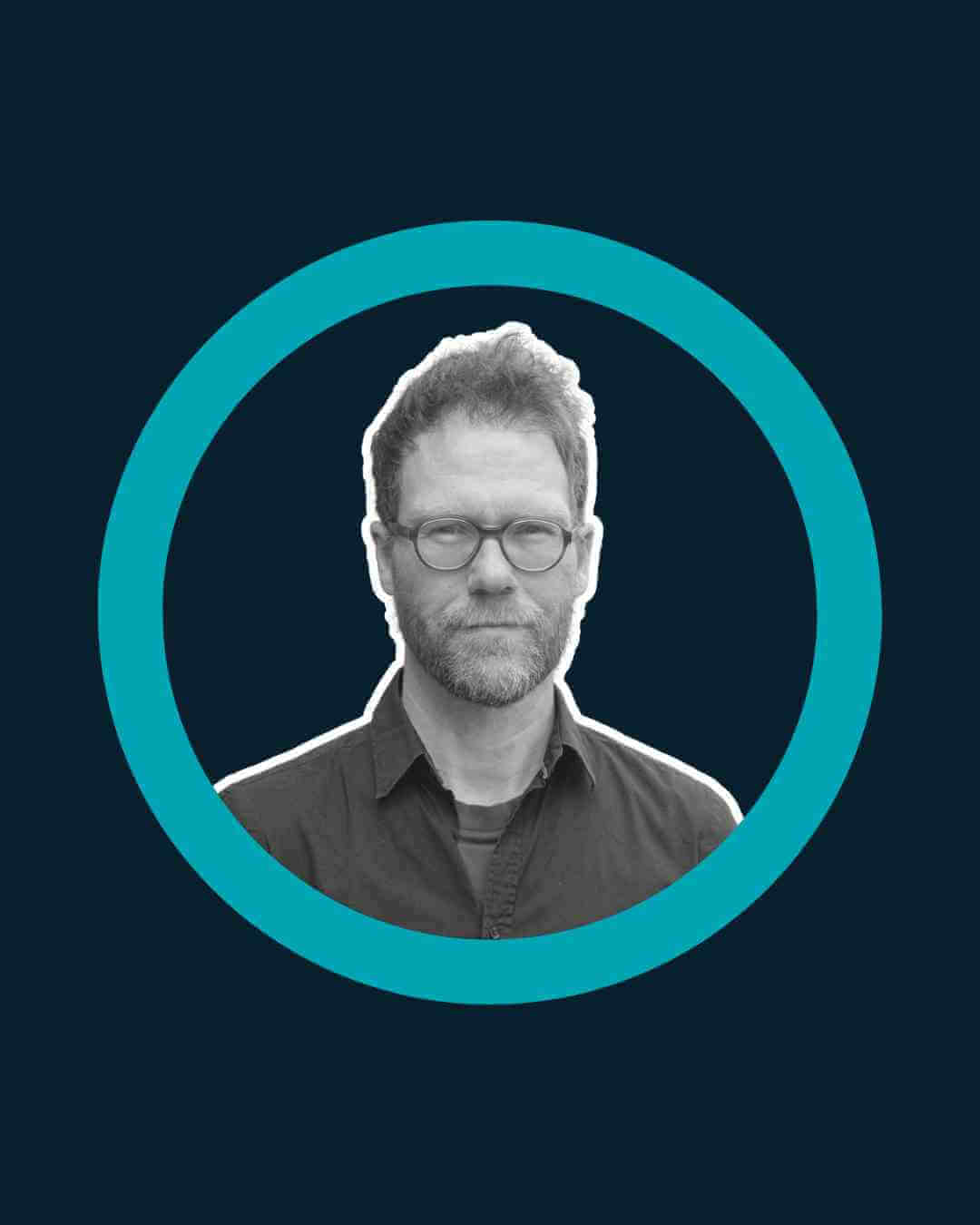 Jan our surveyor at loco home navy back ground and a man in his 40's inside a graphic teal circle