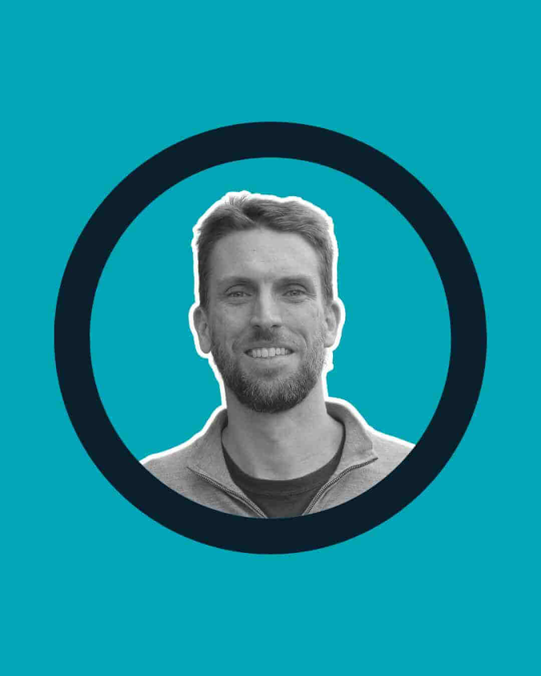 Chris our founder, black and white portrait, teal background