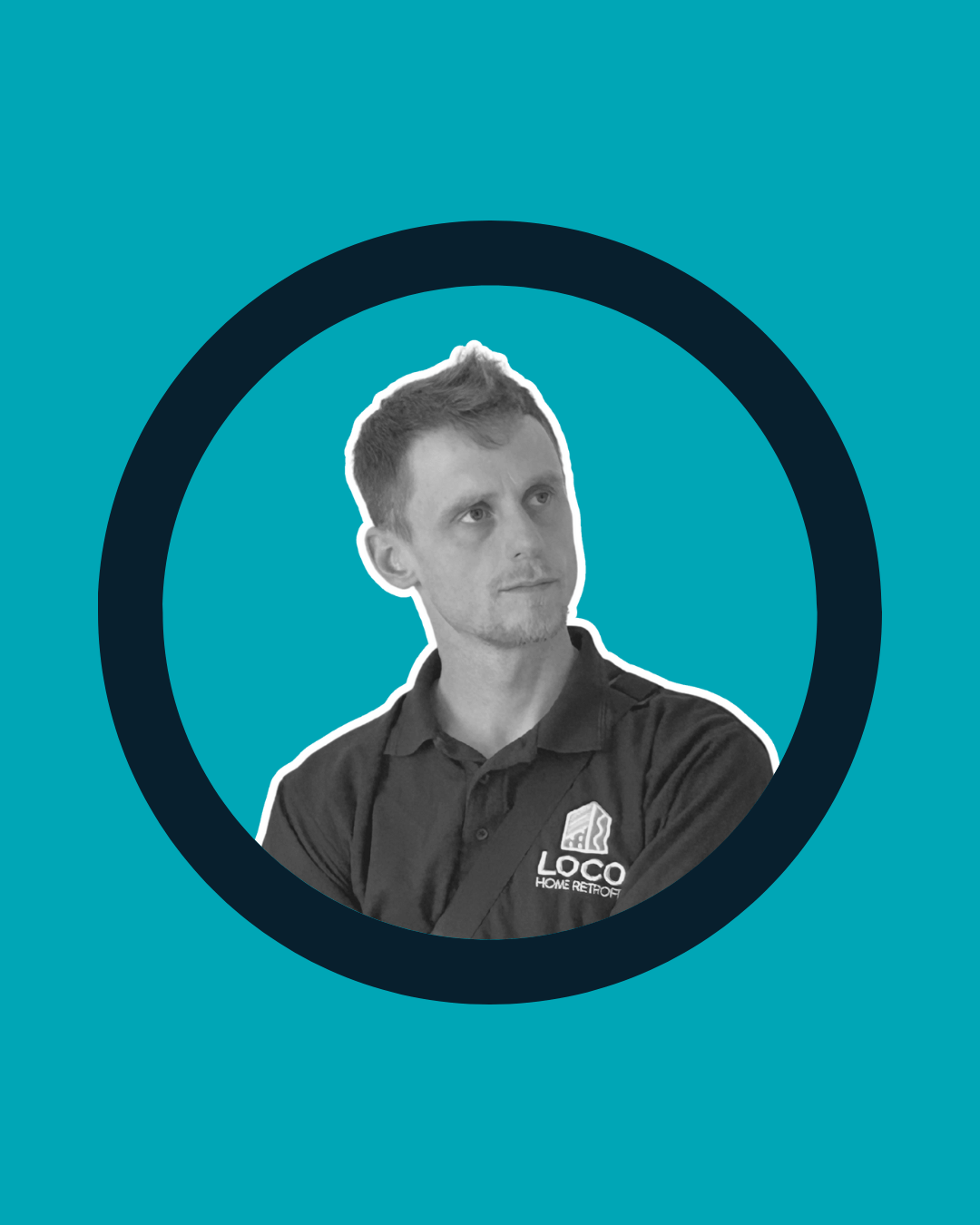 angus our surveyor at loco home teal back ground and a man in his 30's inside a graphic navy circle