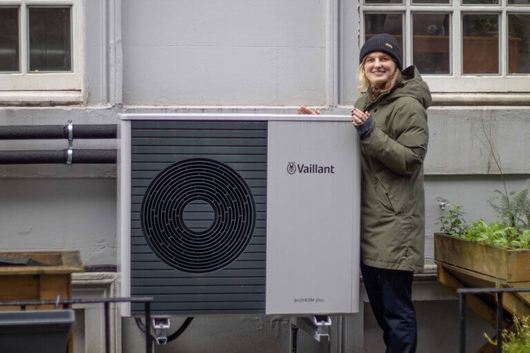 vallant air source heat pump outside grey 1870's house